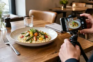 Photographe utilisant un smartphone pour photographier une assiette de risotto aux légumes dans un restaurant éclairé par la lumière naturelle.
